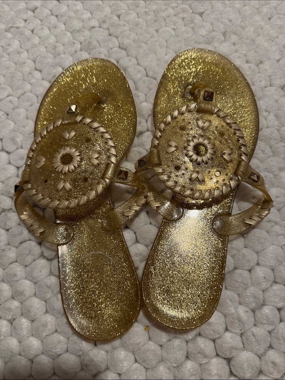 Jack Rogers Gold Jelly Logo Sandals, size 7.5